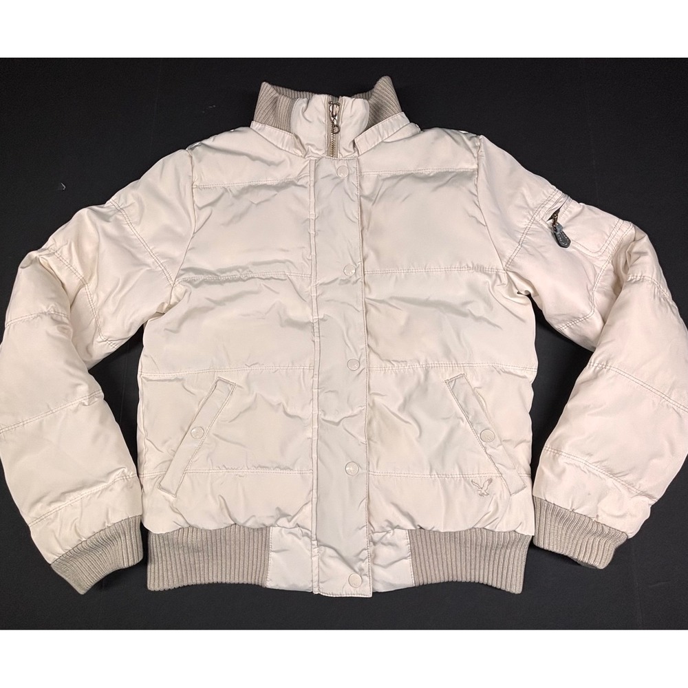 American Eagle Womens Cream Puffer Jacket Down Fill Quilted Bomber Medium GUC
